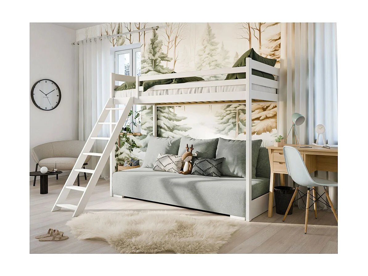 Lit Mezzanine et Canapé Safino 90x200/140x200 Blanc-Gris avec Rangement - Style Contemporain