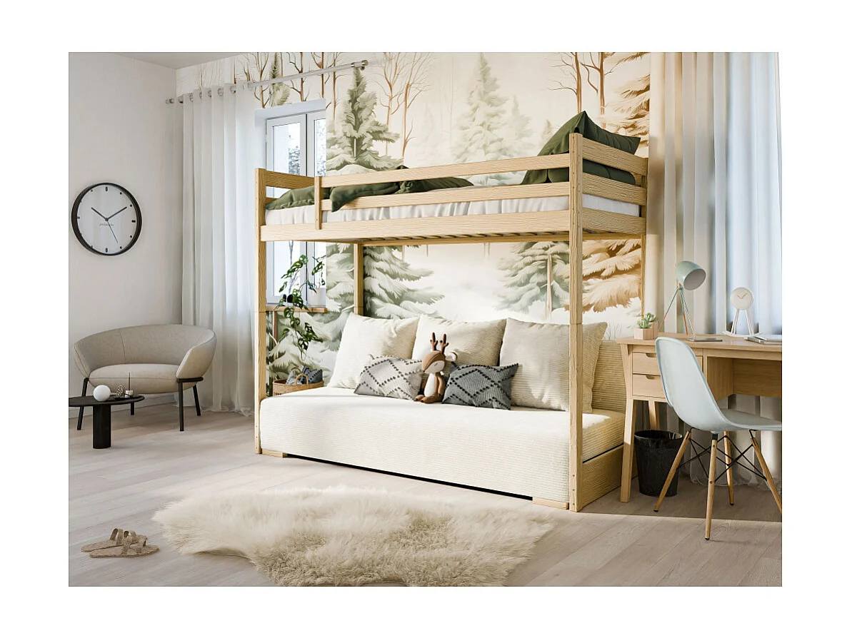 LIT MEZZANINE ET CANAPE SAFINO 90 x 200 / 140 x 200 Pin - blanc