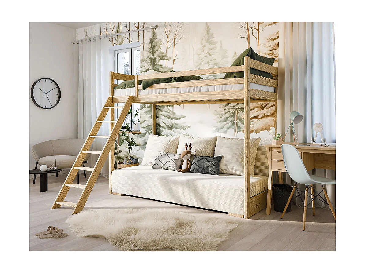 LIT MEZZANINE ET CANAPE SAFINO 90 x 200 / 140 x 200 Pin - blanc