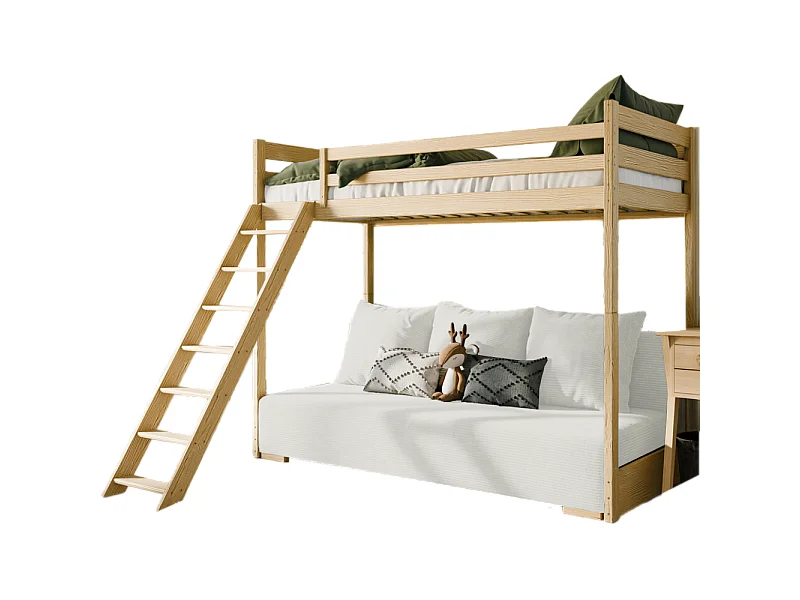 LIT MEZZANINE ET CANAPE SAFINO 90 x 200 / 140 x 200 Pin - blanc