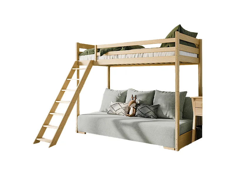 LIT MEZZANINE ET CANAPE SAFINO 90 x 200 / 140 x 200 Pin - gris