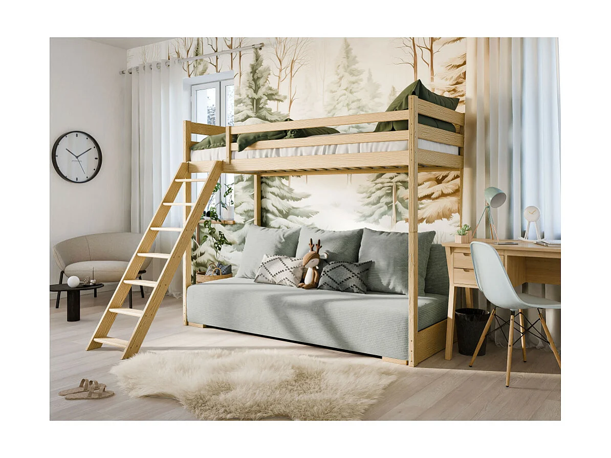 LIT MEZZANINE ET CANAPE SAFINO 90 x 200 / 140 x 200 Pin - gris