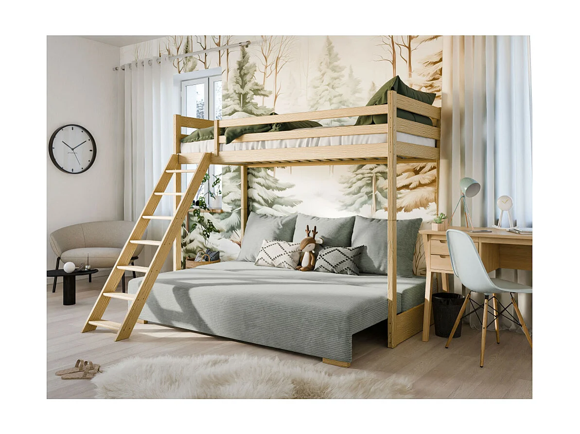 LIT MEZZANINE ET CANAPE SAFINO 90 x 200 / 140 x 200 Pin - gris