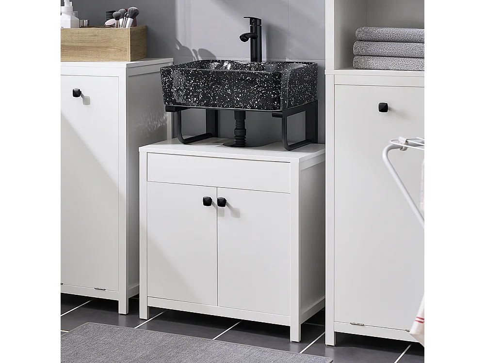 SoBuy Wastafelmeubel, 2-laags verstelbaar wastafelmeubel en 2 deuren, badkameropbergmeubel, opbergkast, wit, L60 x D35 x H60 cm, BZR98-W