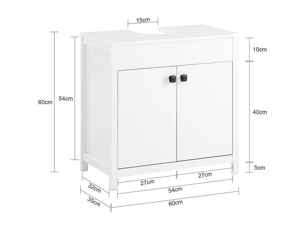 SoBuy Wastafelmeubel, 2-laags verstelbaar wastafelmeubel en 2 deuren, badkameropbergmeubel, opbergkast, wit, L60 x D35 x H60 cm, BZR98-W