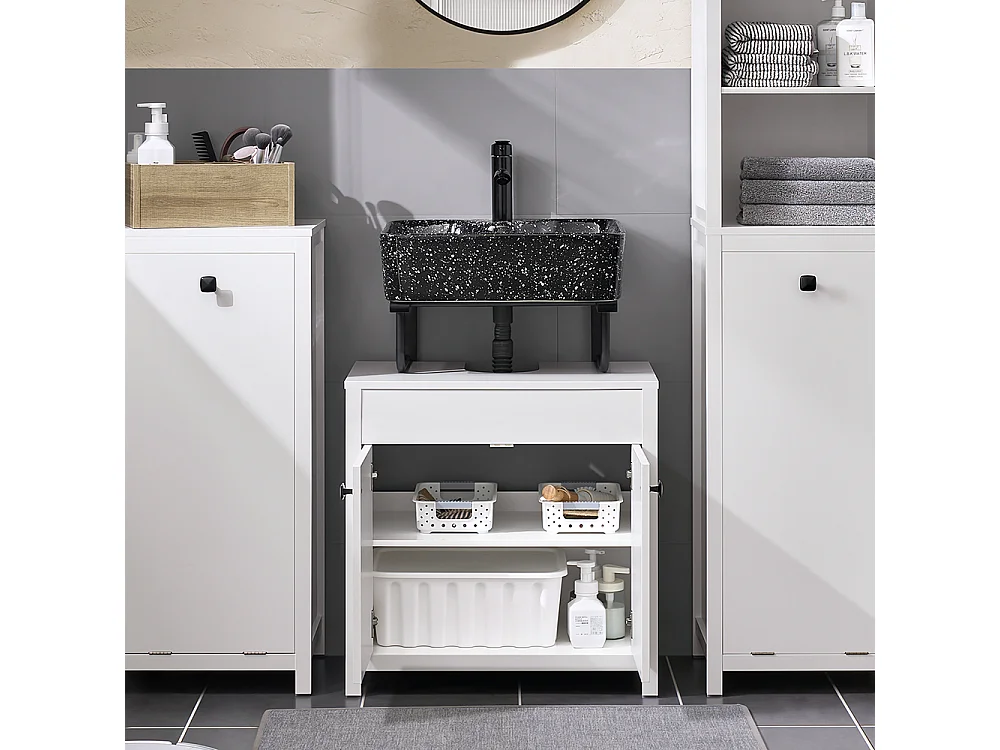 SoBuy Wastafelmeubel, 2-laags verstelbaar wastafelmeubel en 2 deuren, badkameropbergmeubel, opbergkast, wit, L60 x D35 x H60 cm, BZR98-W