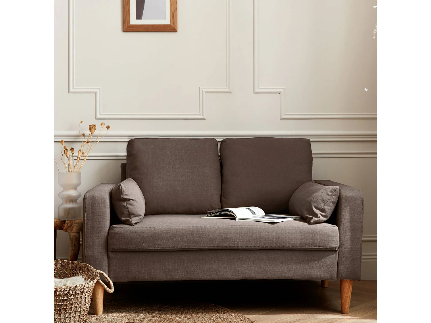 Canapé en tissu marron - Bjorn - Canapé 2 places fixe droit pieds bois. style scandinave