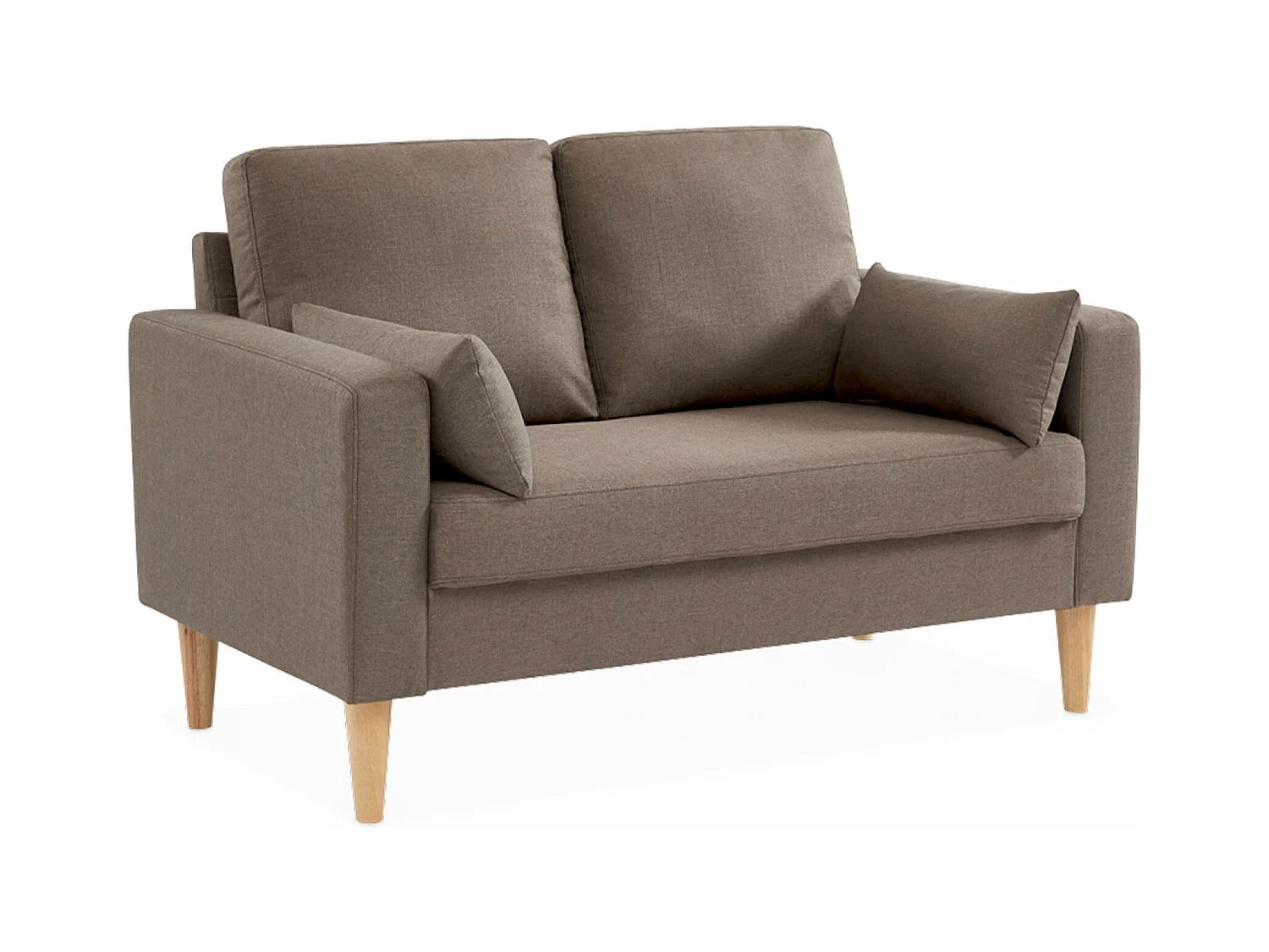 Sofá de tela con patas de madera, 2 plazas marrón