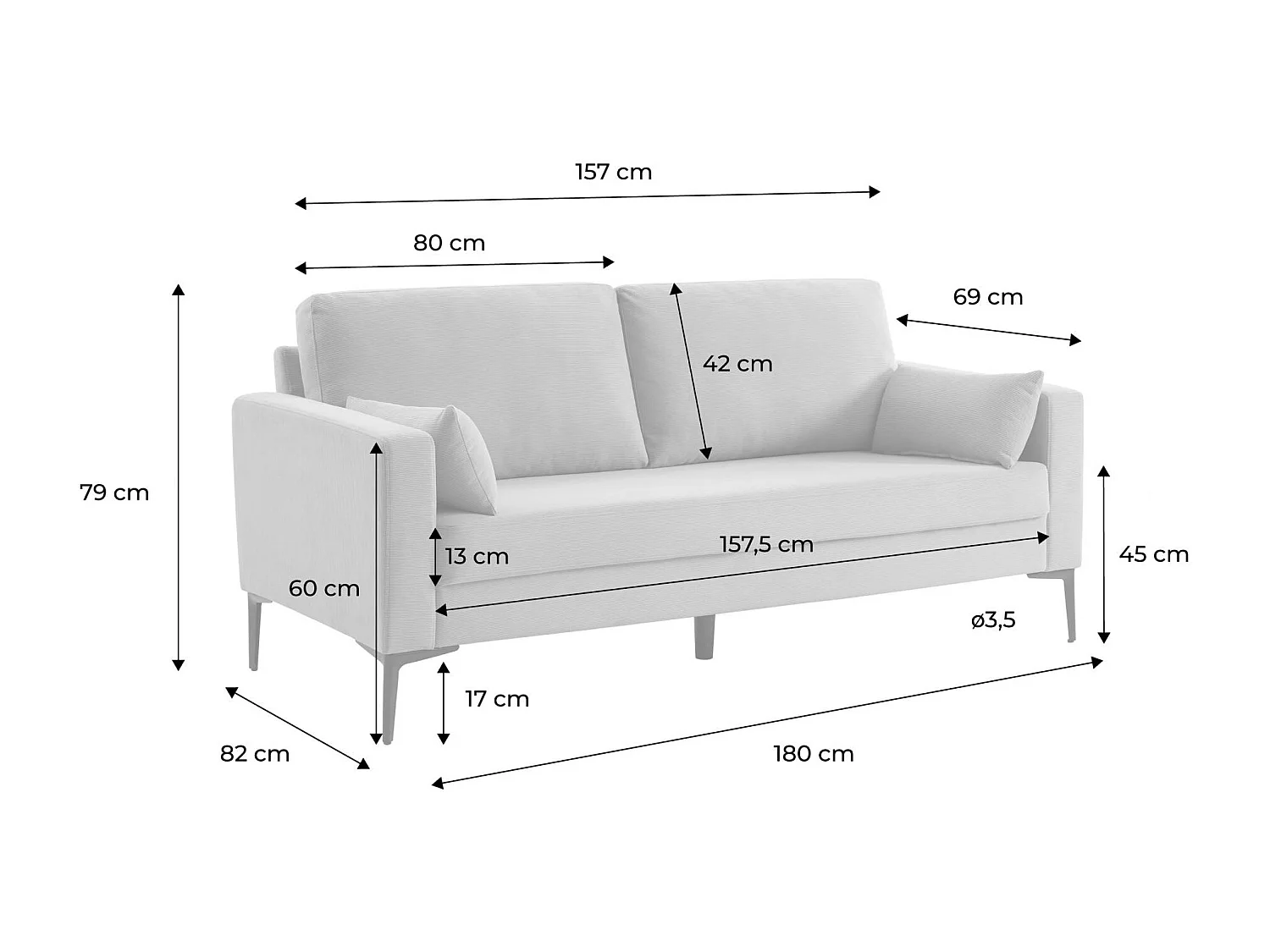 Sofá de pana con patas de metal de 3 plazas terracotta