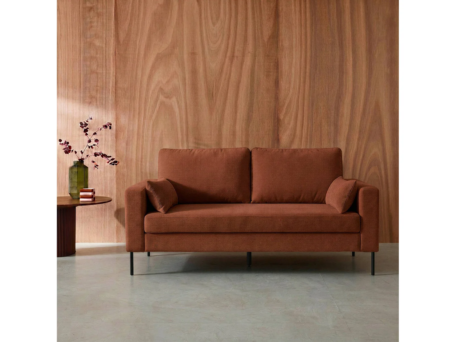 Divano in velluto a coste con gambe in metallo, 3 posti, terracotta