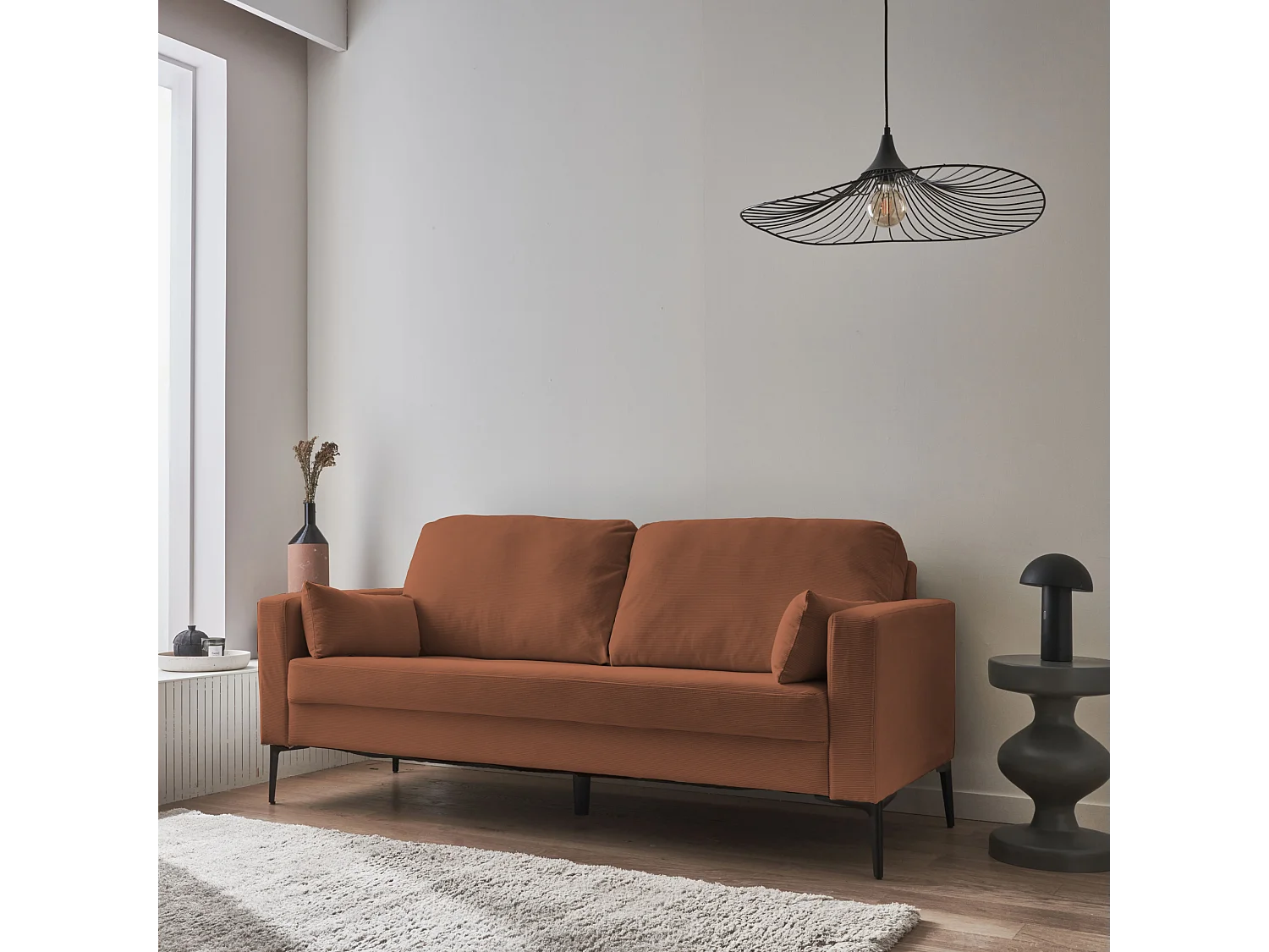 Canapé en velours côtelé terracotta - Bjorn - Canapé 3 places fixe droit pieds métal