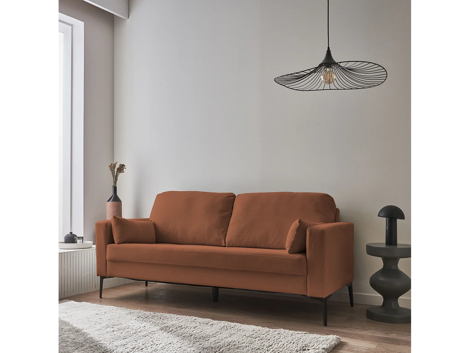 Divano in velluto a coste con gambe in metallo, 3 posti, terracotta