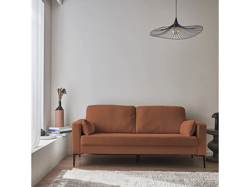 Canapé en velours côtelé terracotta - Bjorn - Canapé 3 places fixe droit pieds métal