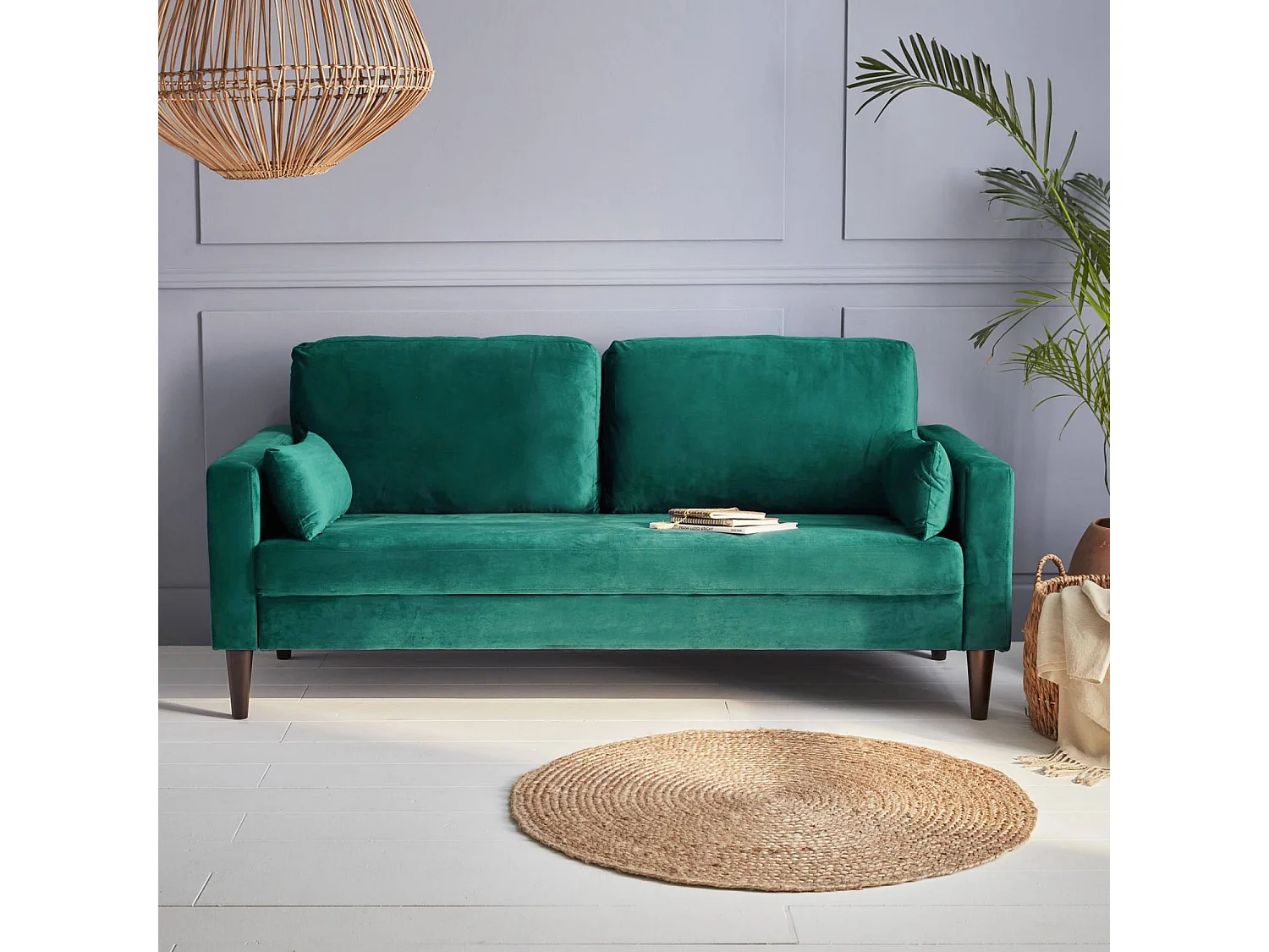 Sofá de terciopelo con patas de madera de hevea, 3 plazas verde ingles