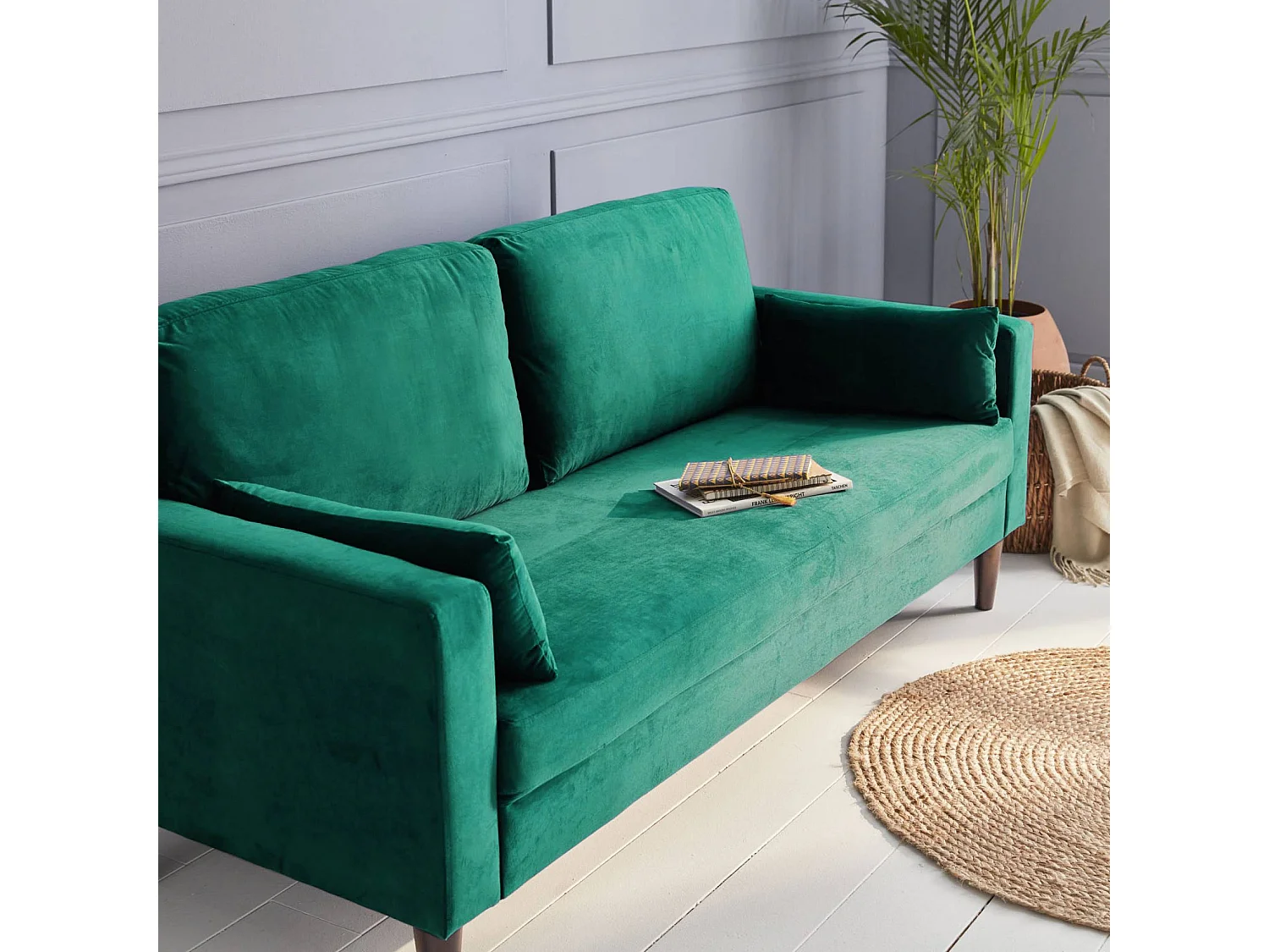 Sofá de terciopelo con patas de madera de hevea, 3 plazas verde ingles