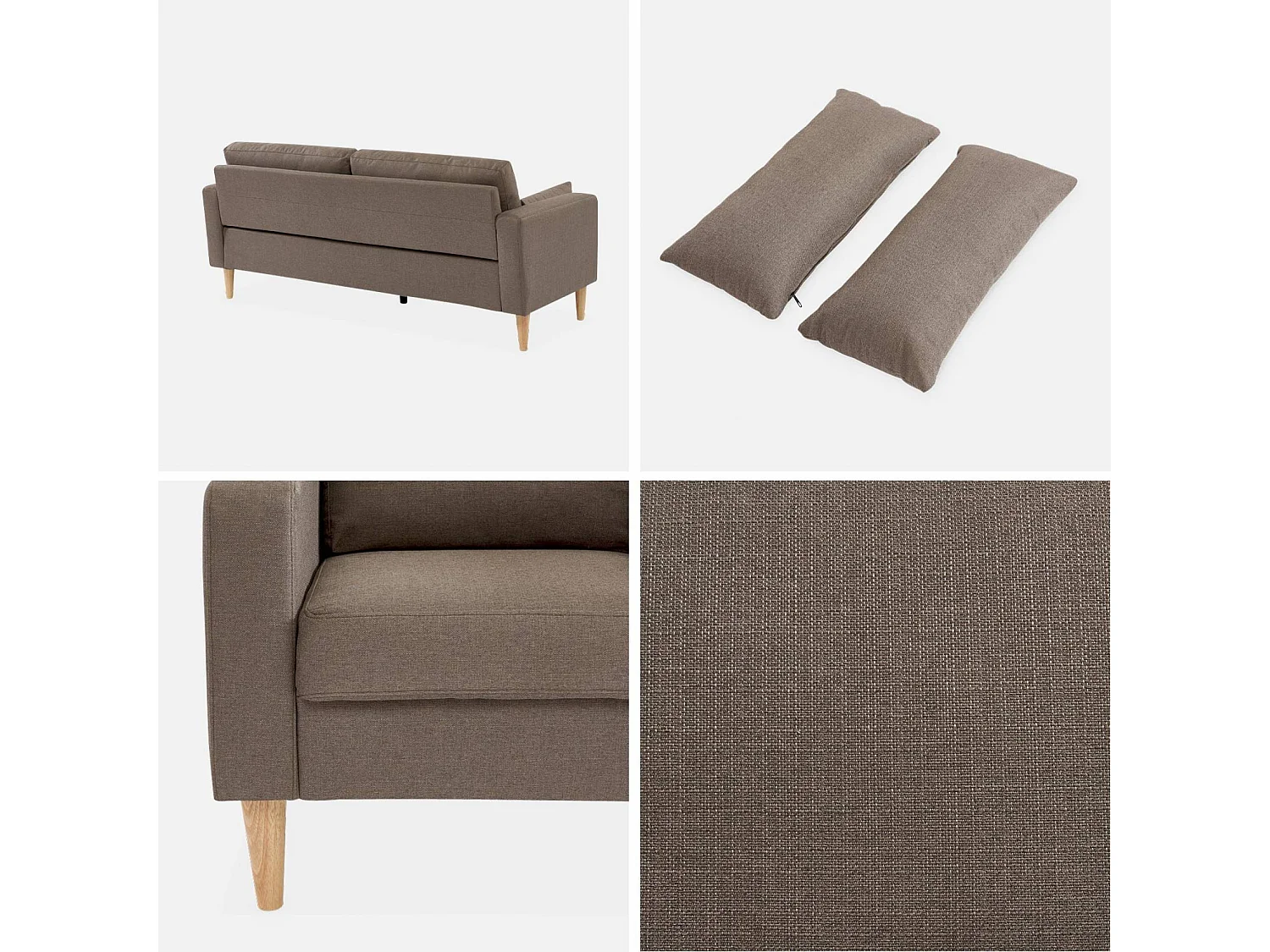 Divano 3 posti in tessuto, gambe legno, marrone