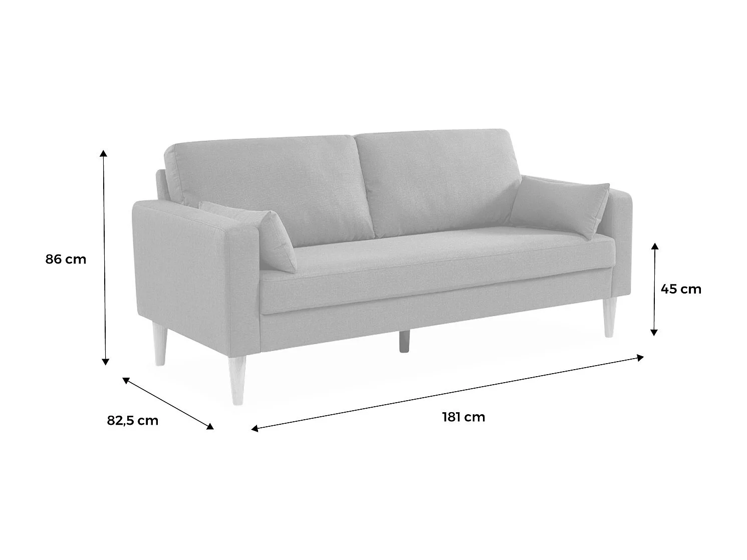 Divano 3 posti in tessuto, gambe legno, marrone