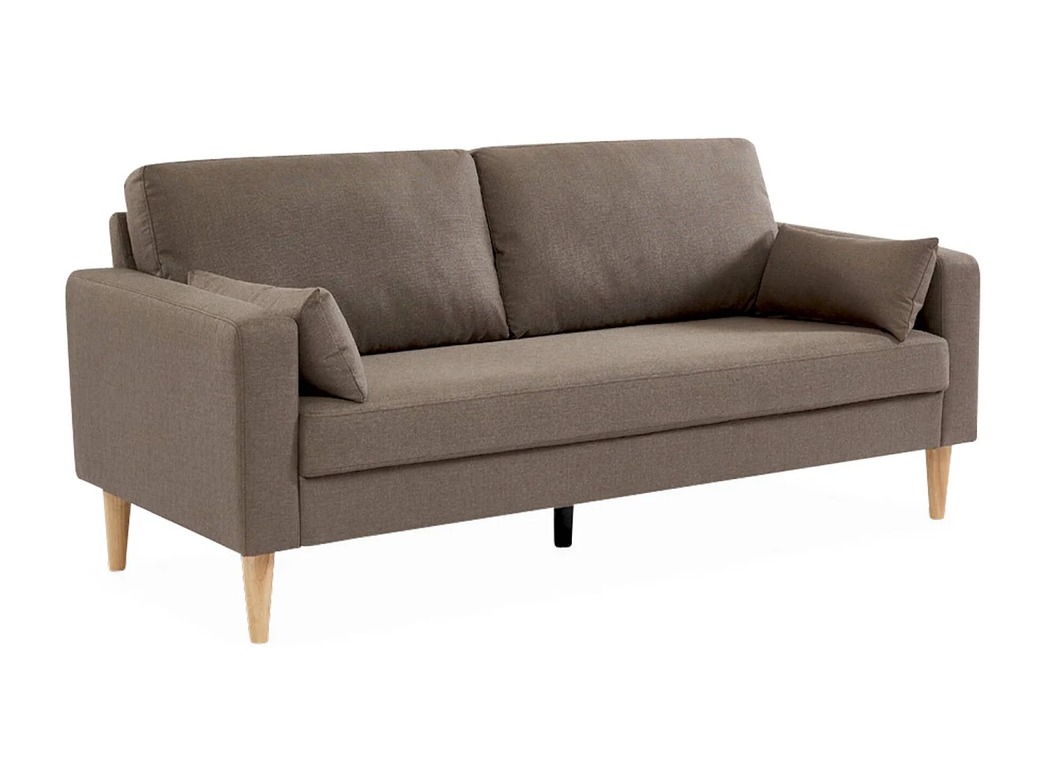 Divano 3 posti in tessuto, gambe legno, marrone