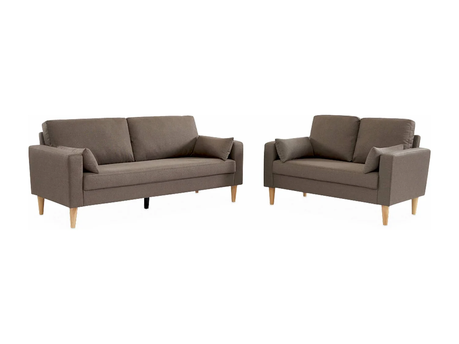 Divano 3 posti in tessuto, gambe legno, marrone