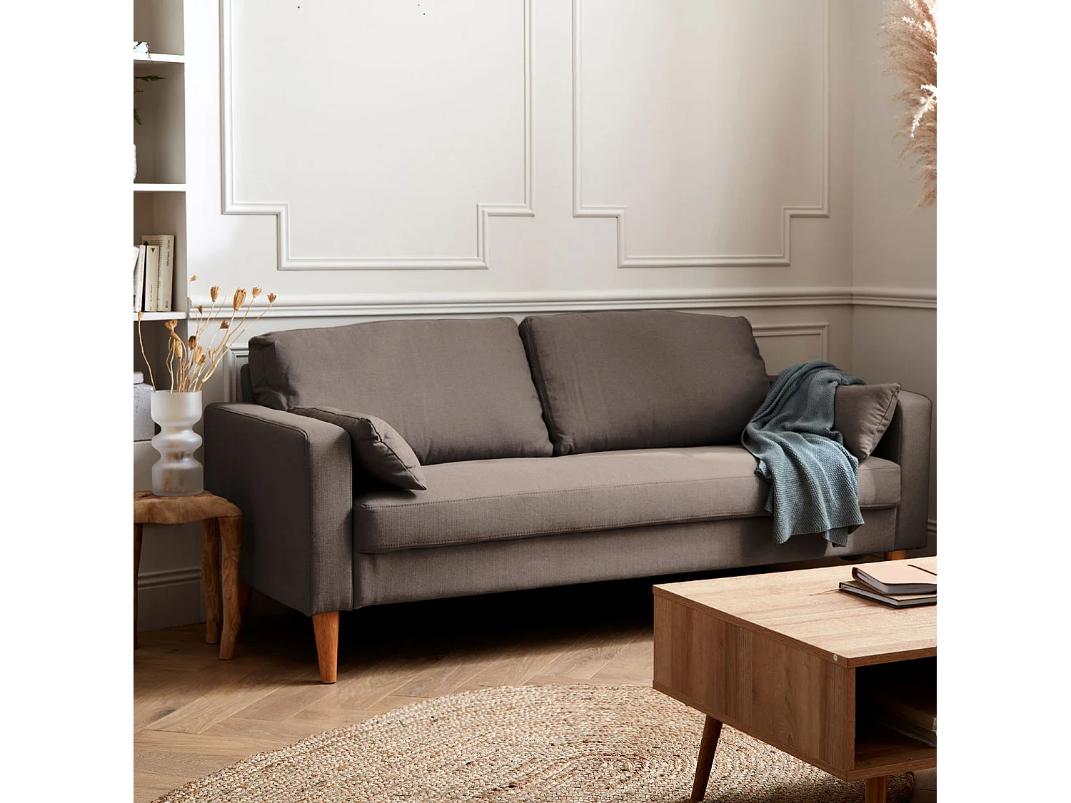 Divano 3 posti in tessuto, gambe legno, marrone