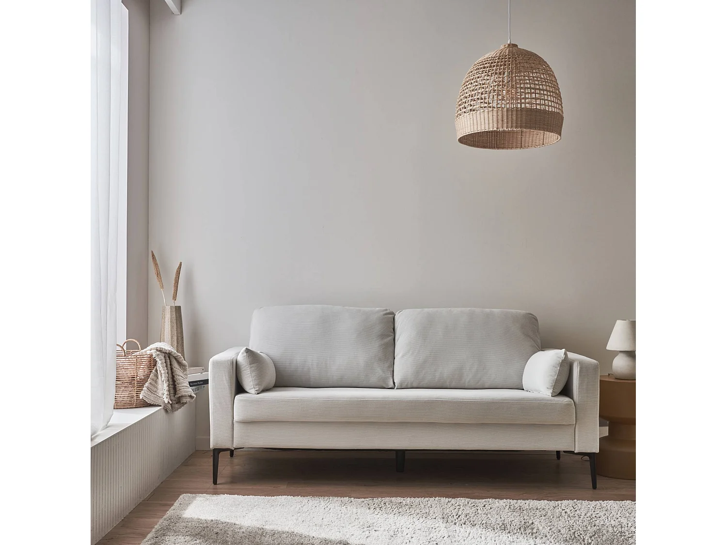 Divano a 3 posti in velluto a coste, gambe in metallo, bianco