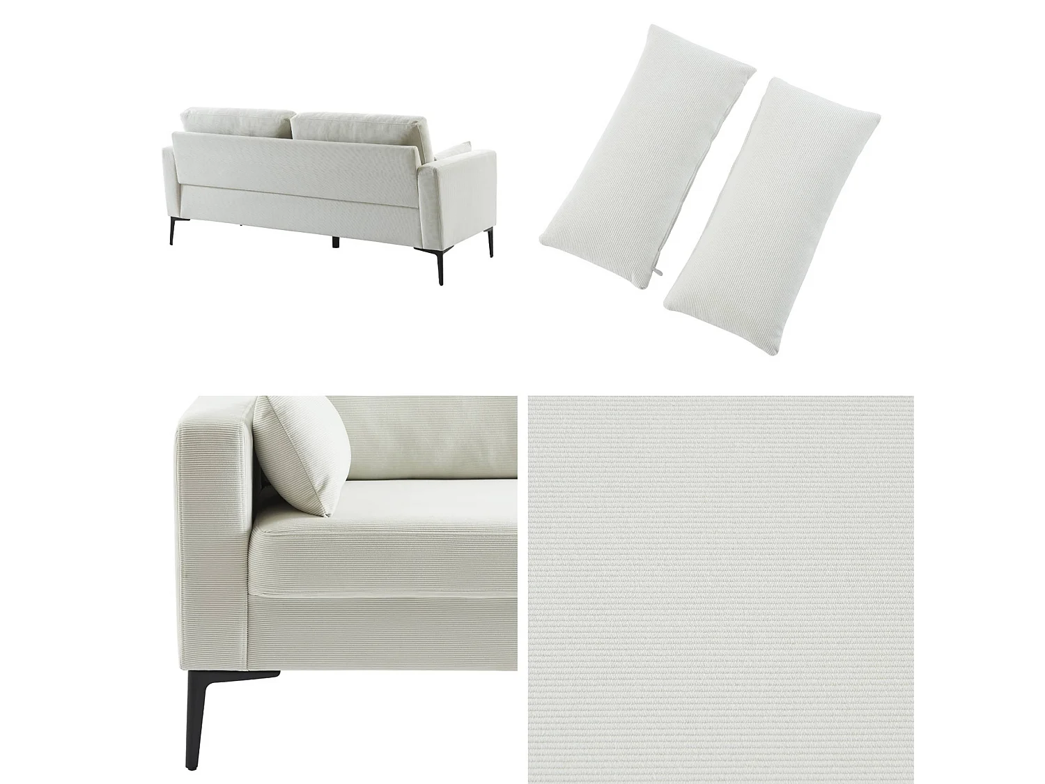 Divano a 3 posti in velluto a coste, gambe in metallo, bianco