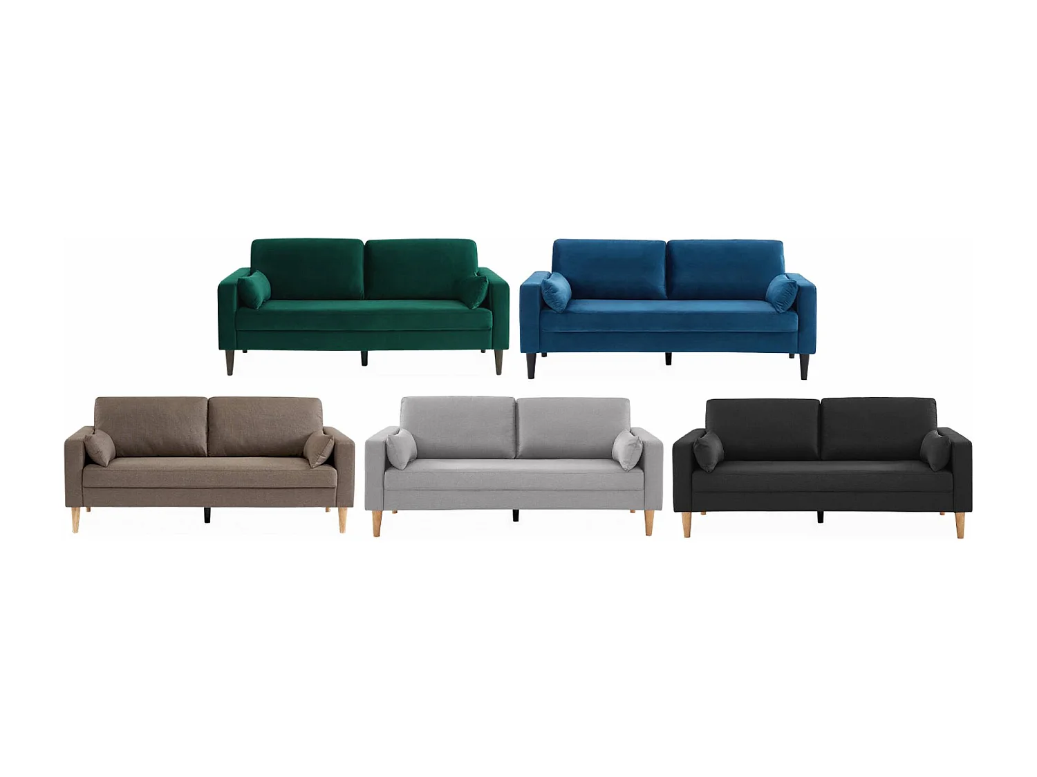 Canapé en velours bleu - Bjorn - Canapé 3 places fixe droit pieds bois. style scandinave