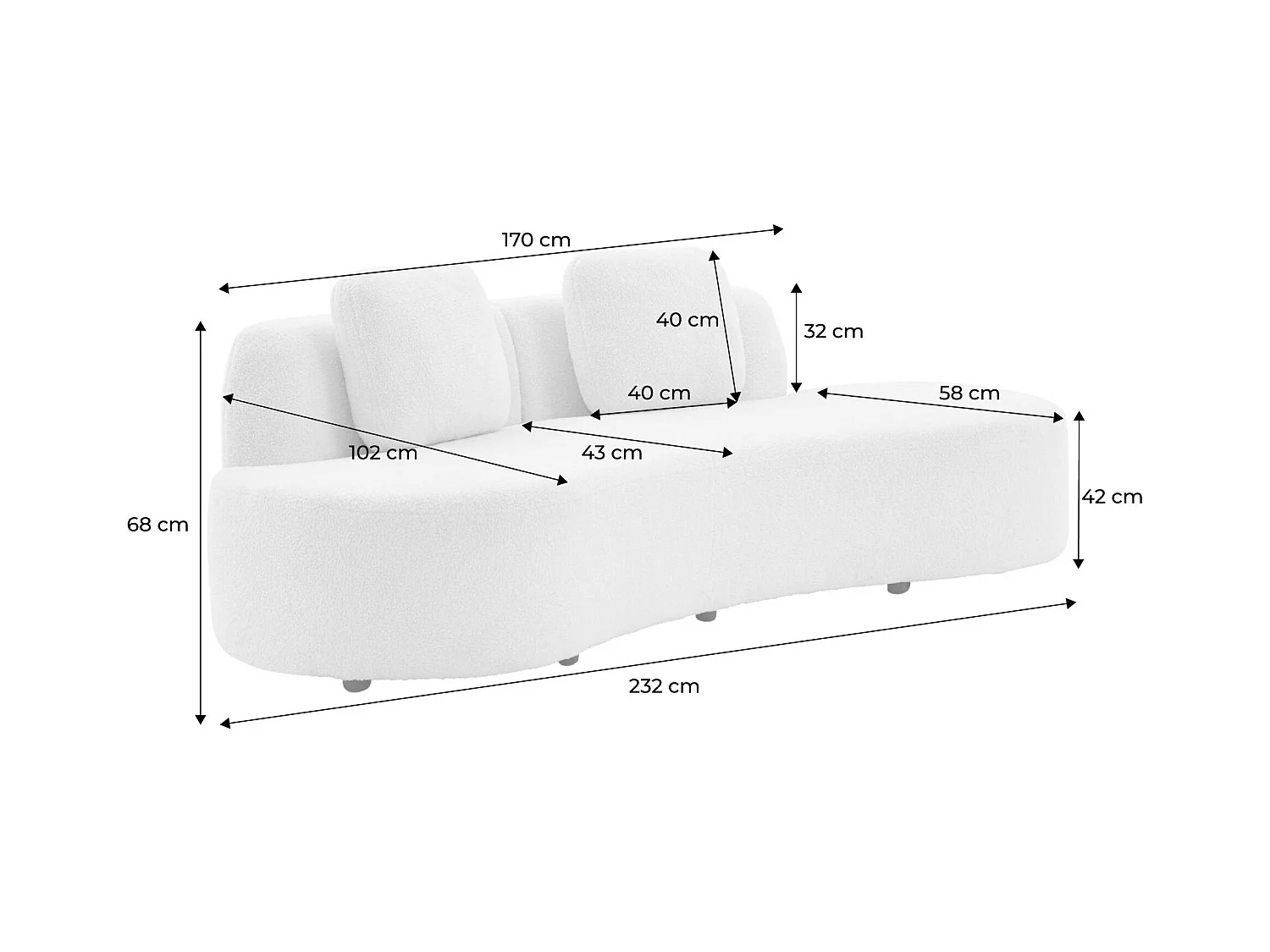 Divano virgola organico 3 posti bouclé, crema