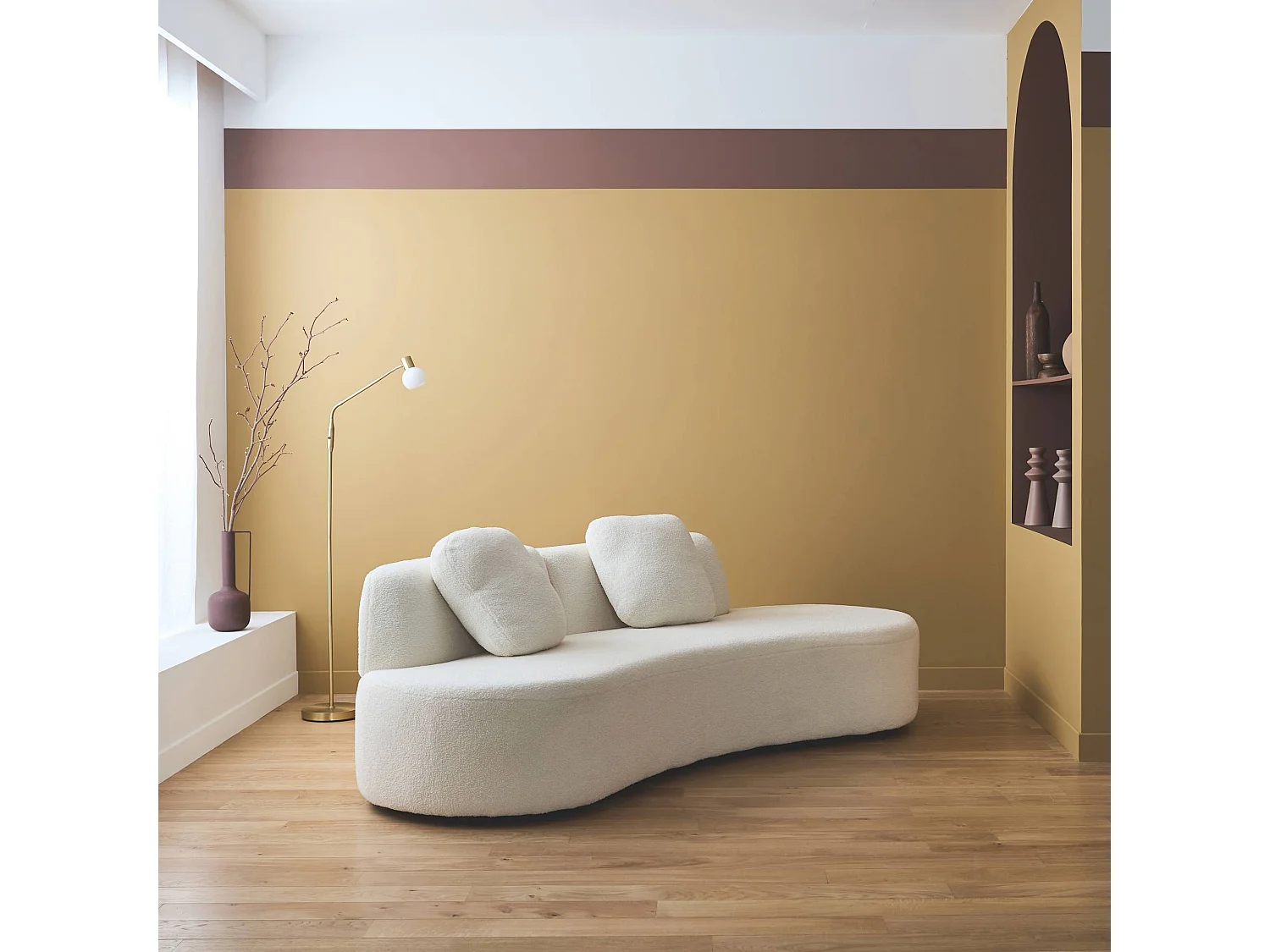 Divano virgola organico 3 posti bouclé, crema