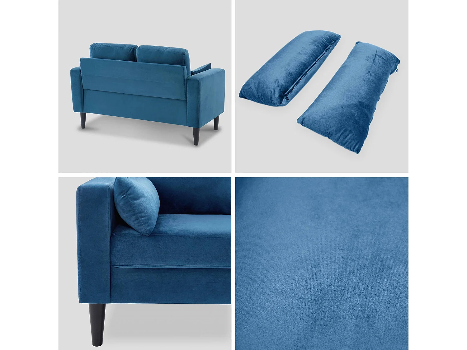 Divano in tessuto con gambe in legno, 2 posti, blu