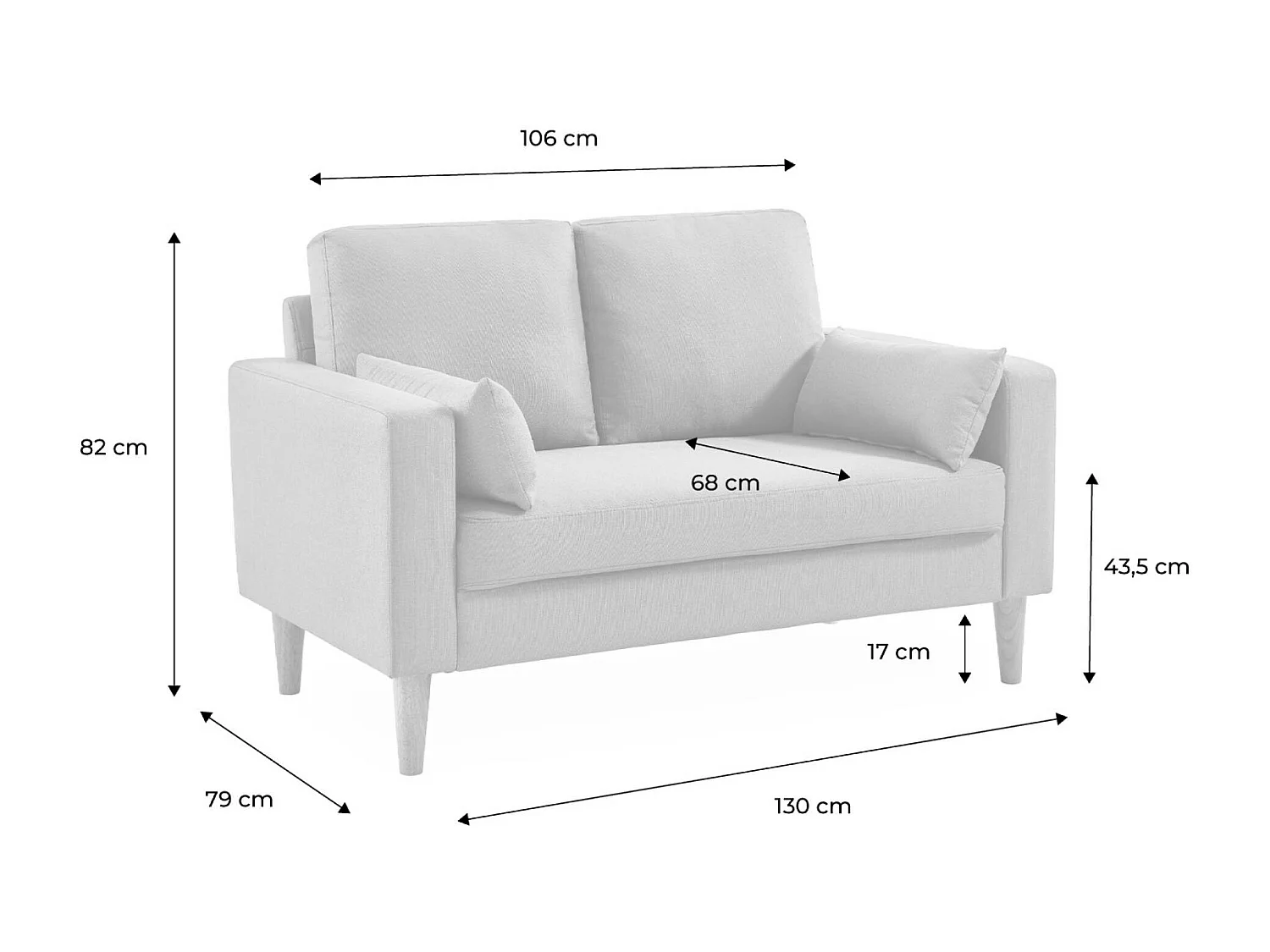 Divano in tessuto con gambe in legno, 2 posti, blu