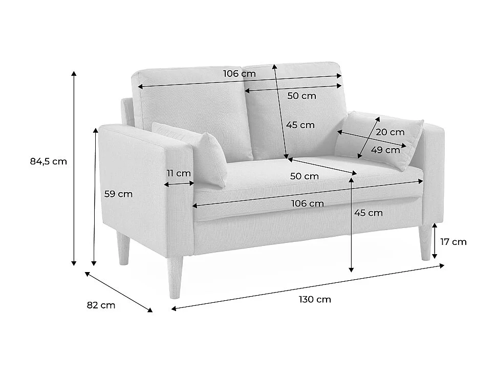 Divano in tessuto con gambe in legno, 2 posti, blu