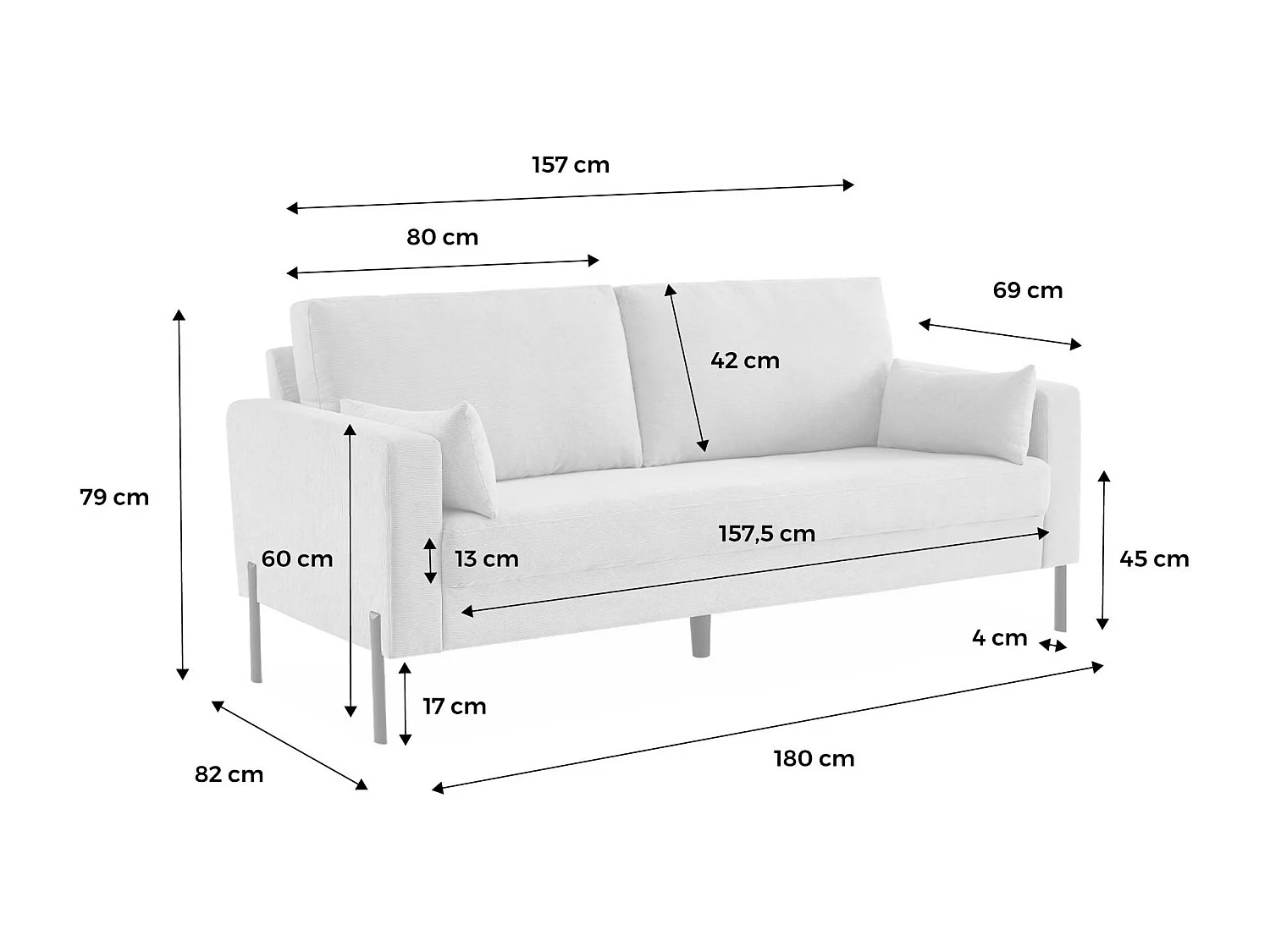 Canapé en velours côtelé beige - Bjorn - Canapé 3 places fixe droit pieds métal