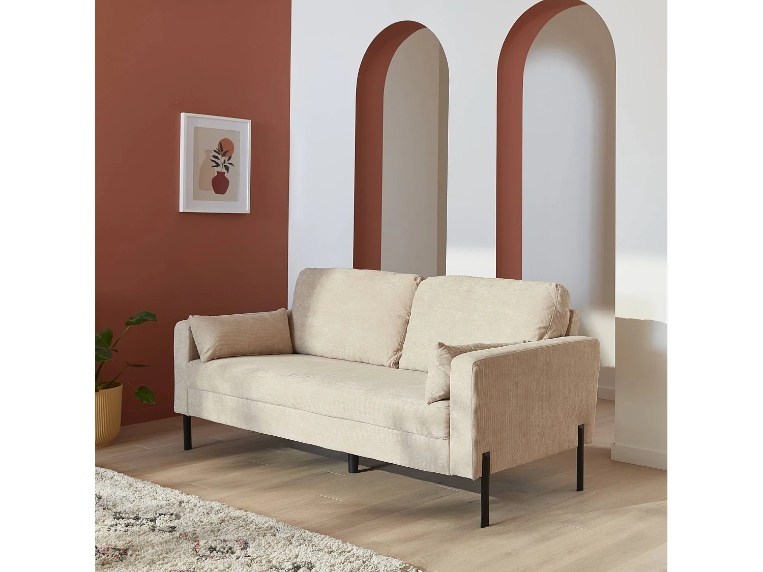 Divano in velluto a coste con gambe in metallo, 3 posti, beige