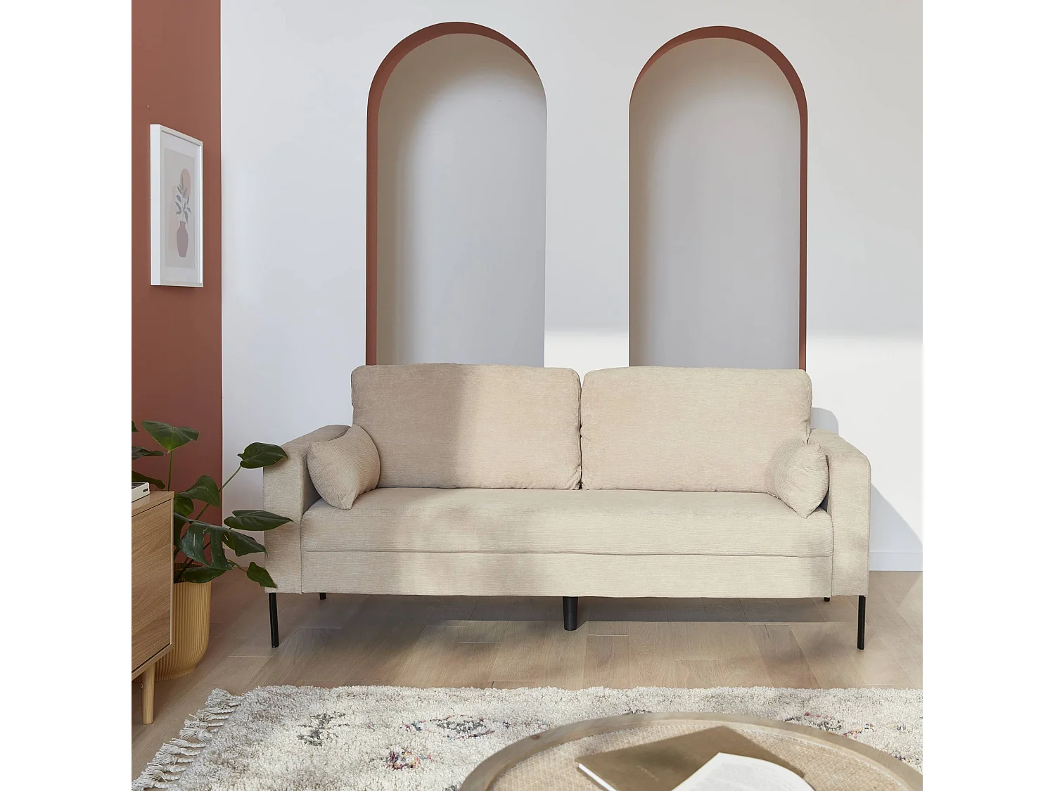 Sofá de pana con patas de metal, 3 plazas beige