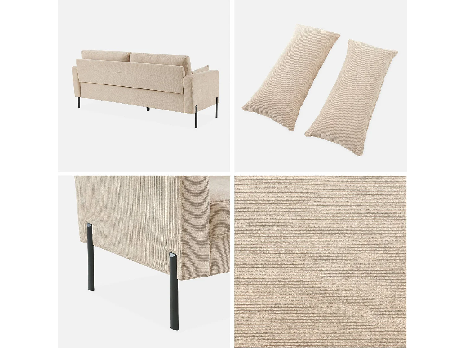 Sofá de pana con patas de metal, 3 plazas beige