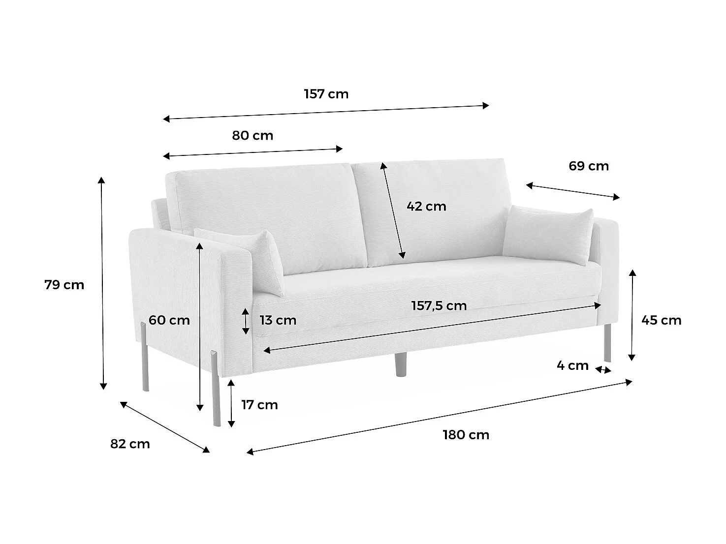 Sofá de pana con patas de metal, 3 plazas beige
