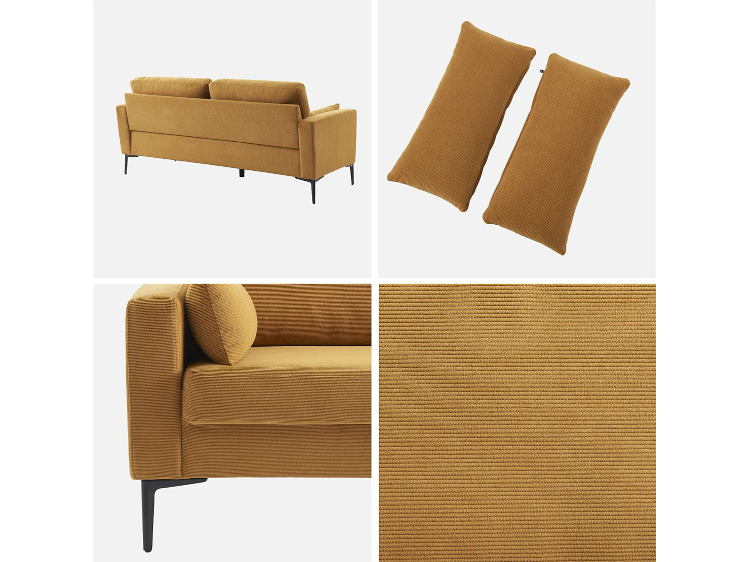 Divano a 3 posti in velluto a coste, gambe in metallo, ocra