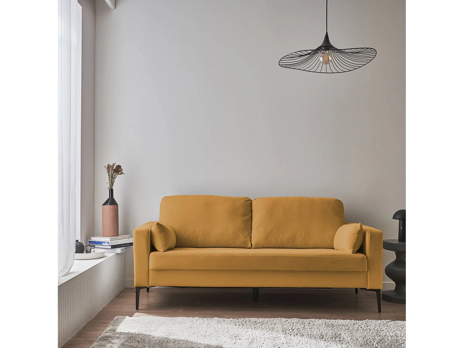 Canapé en velours côtelé ocre - Bjorn - Canapé 3 places fixe droit pieds métal