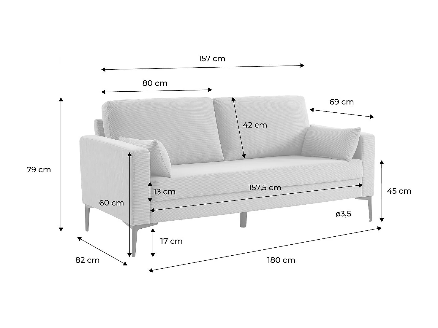 Canapé en velours côtelé ocre - Bjorn - Canapé 3 places fixe droit pieds métal
