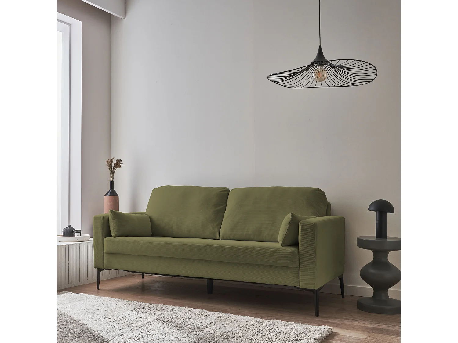 Divano a 3 posti in velluto a coste, gambe in metallo, kaki