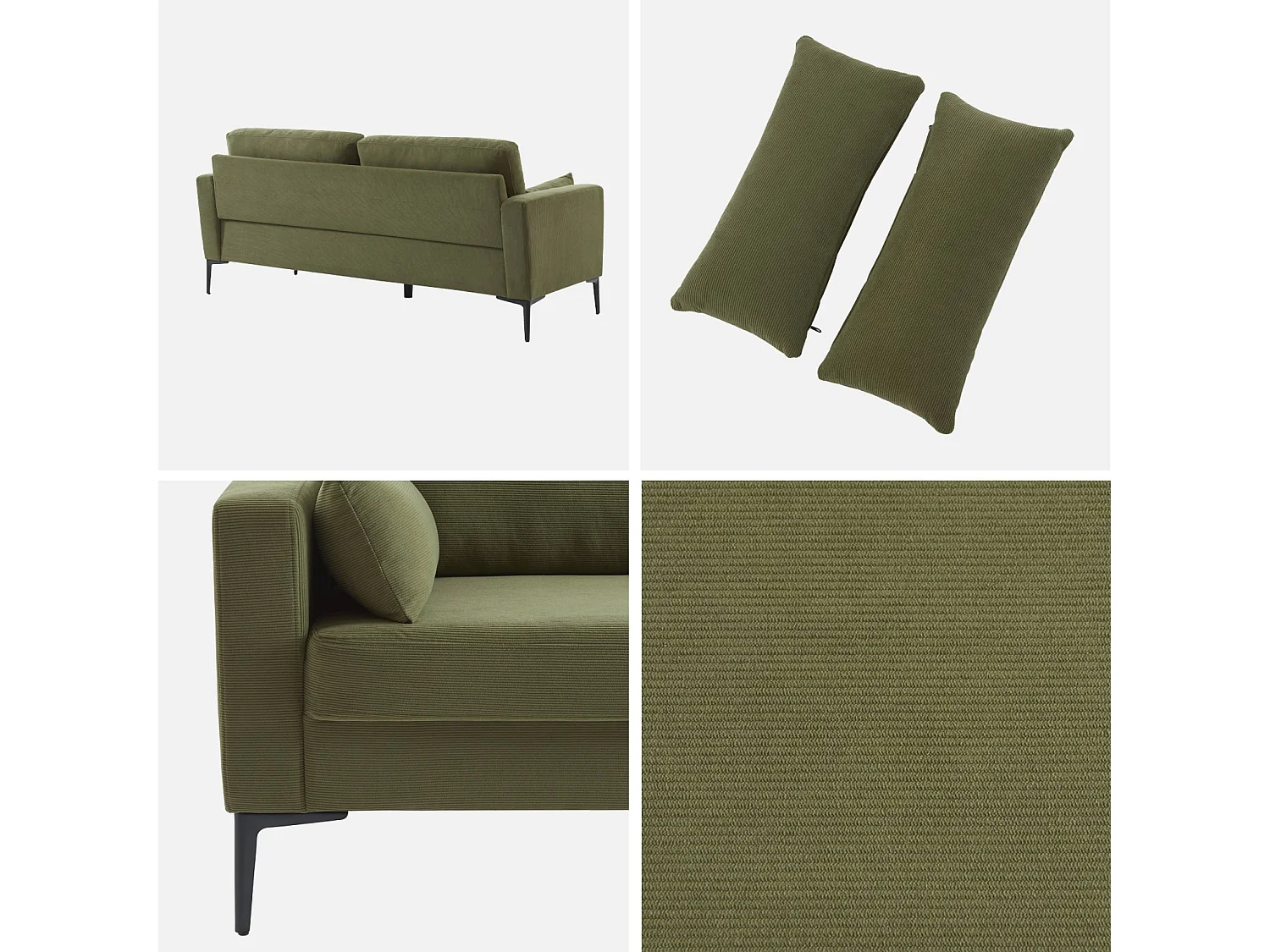 Divano a 3 posti in velluto a coste, gambe in metallo, kaki