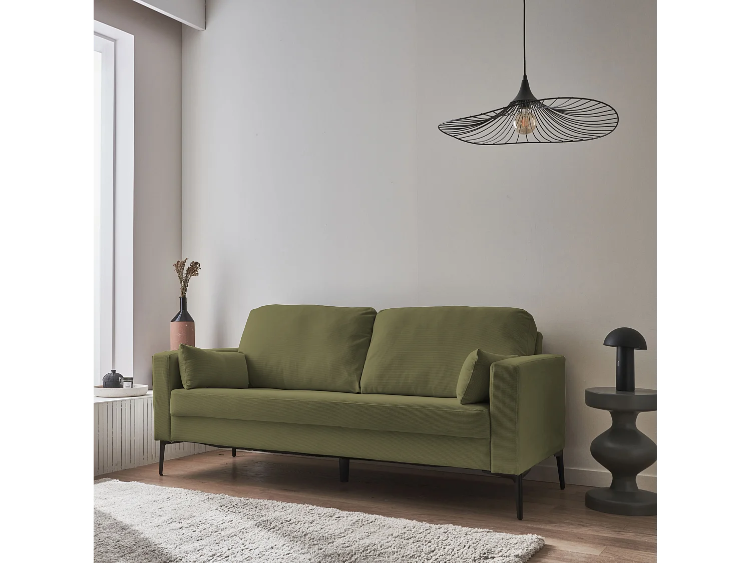 Canapé en velours côtelé kaki foncé- Bjorn - Canapé 3 places fixe droit pieds métal
