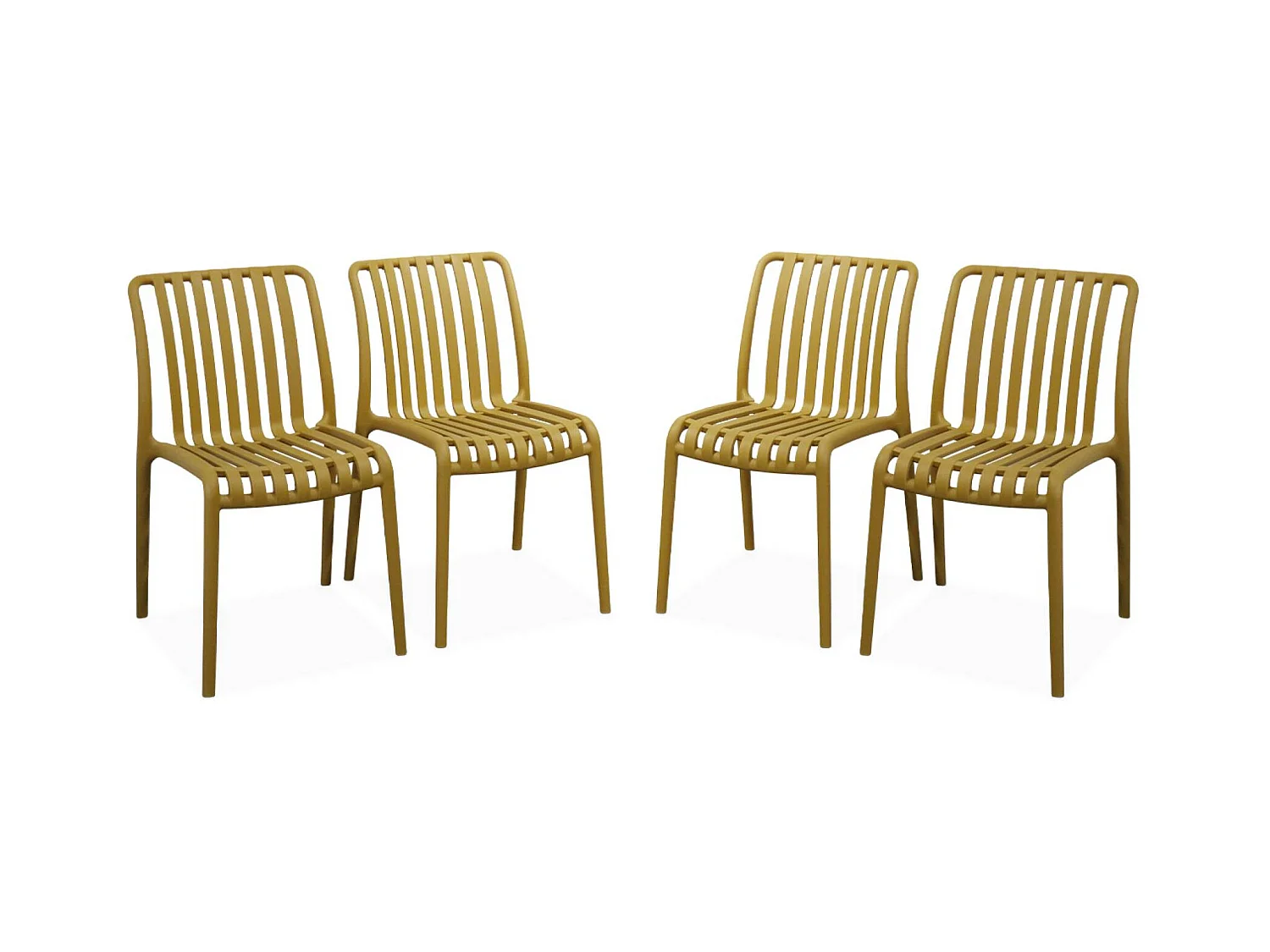 Lot de 4 chaises de jardin en plastique moutarde. empilables. déjà montées