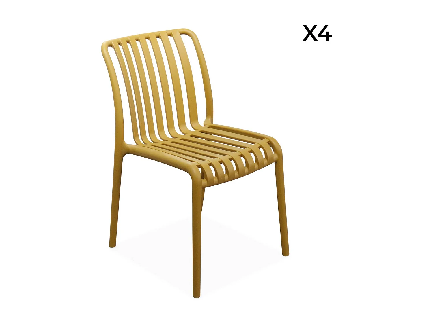 Lot de 4 chaises de jardin en plastique moutarde. empilables. déjà montées