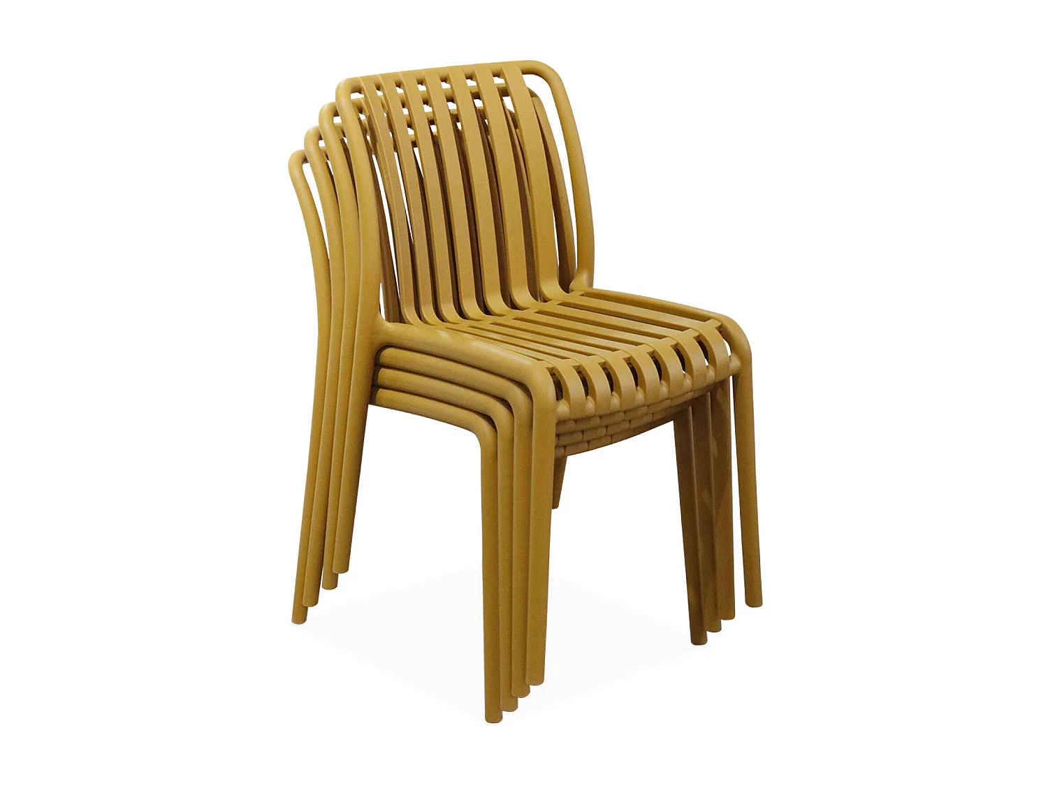 Lot de 4 chaises de jardin en plastique moutarde. empilables. déjà montées