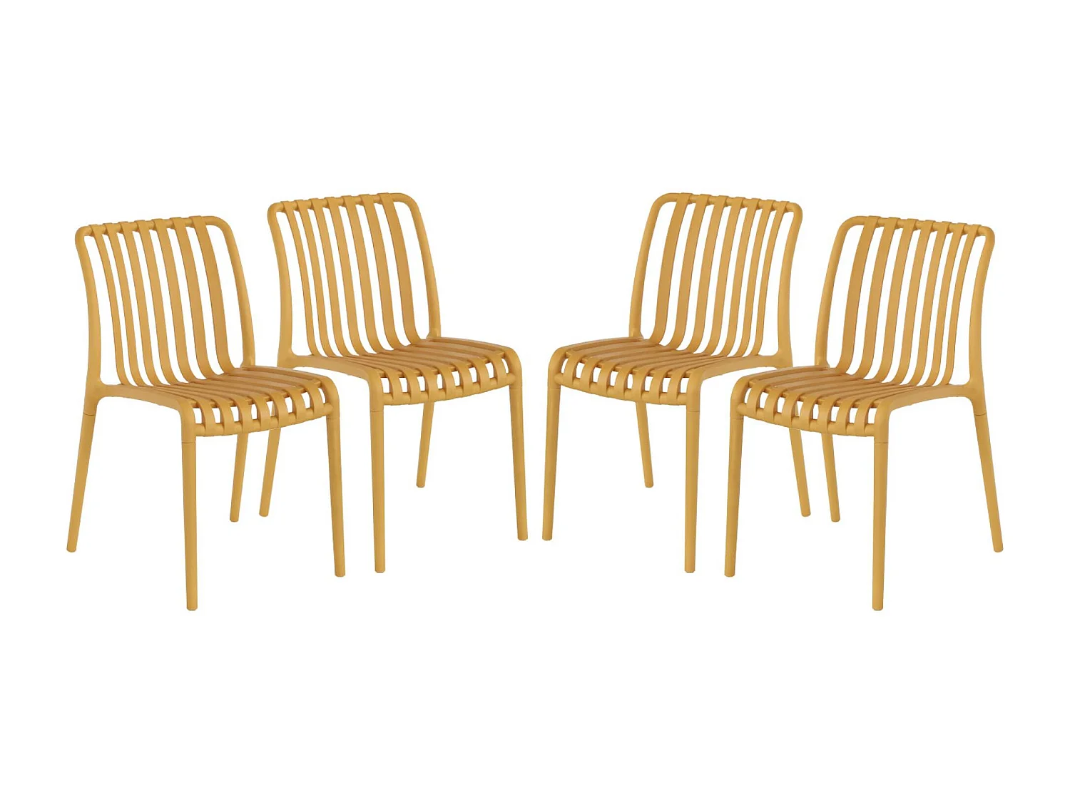 Lot de 4 chaises de jardin en plastique moutarde. empilables. déjà montées