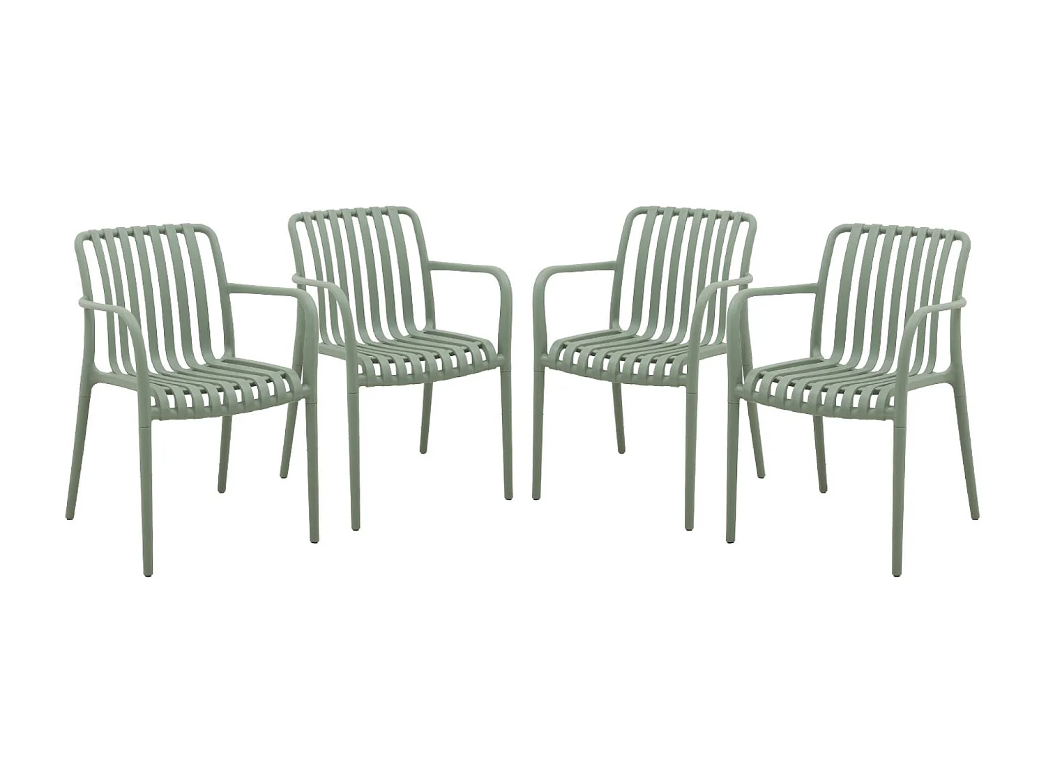 Lot de 4 fauteuils de jardin en plastique vert de gris. empilables. design linéaire