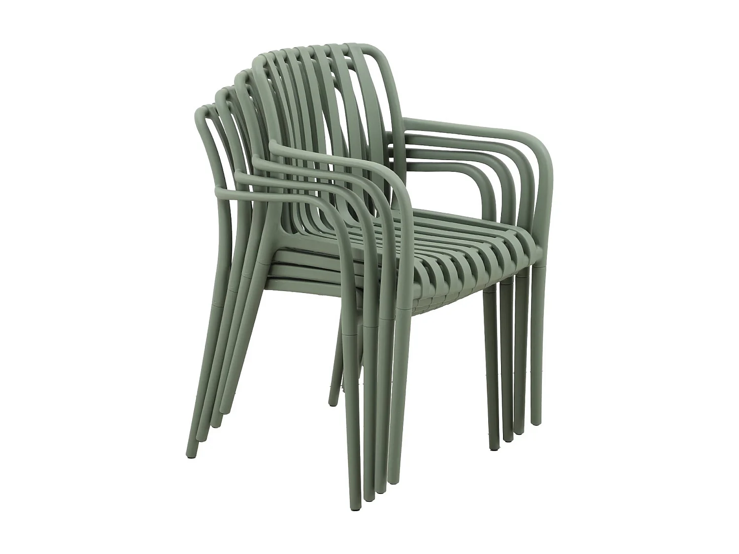 Lot de 4 fauteuils de jardin en plastique vert de gris. empilables. design linéaire