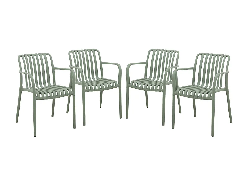 Lot de 4 fauteuils de jardin en plastique vert de gris. empilables. design linéaire